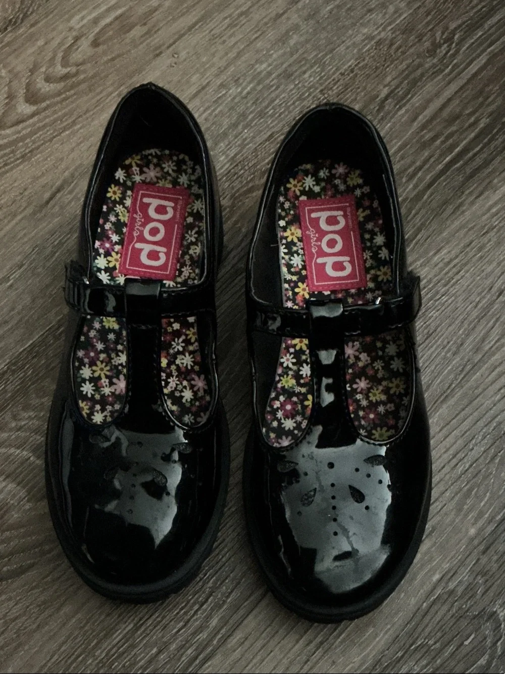 pop Black Patent T-Strap Girls Dress Shoes with Floral Insole